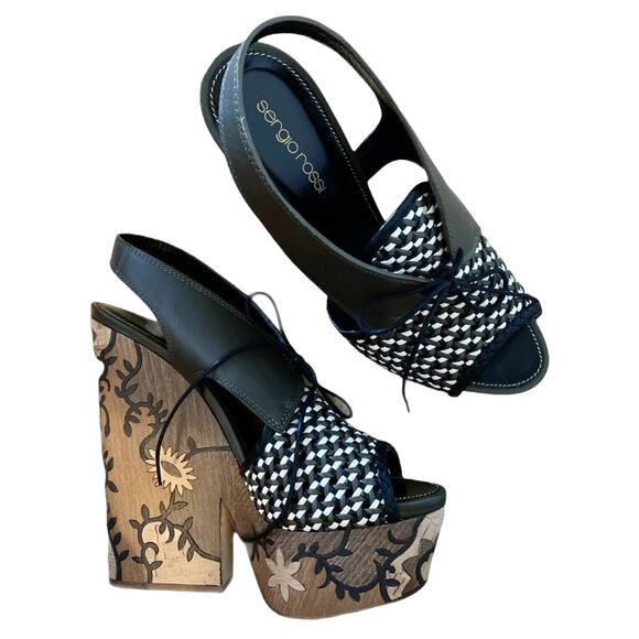 SERGIO ROSSI Atlantiques Platform Sandals Ankle Strap Block Weaved Brown EU 39 - Picture 2 of 10